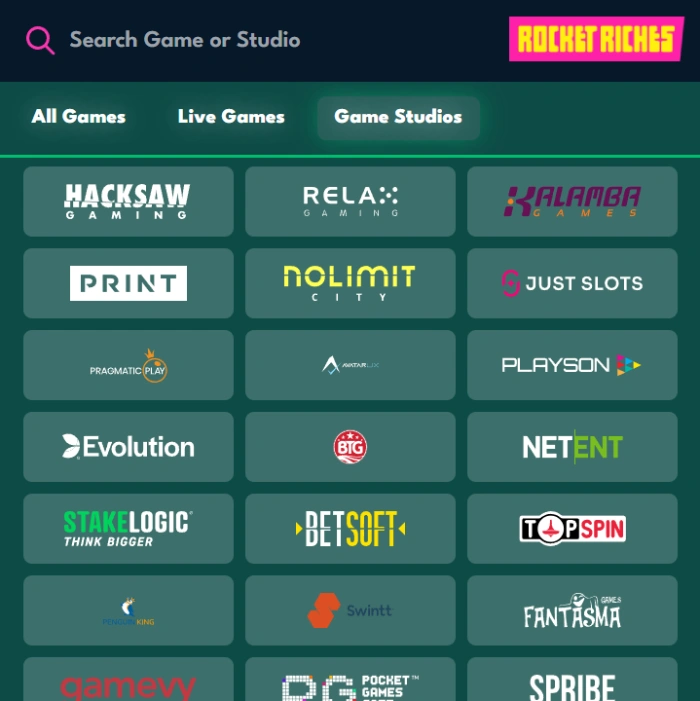 Game studios available at Rocket Riches Casino
